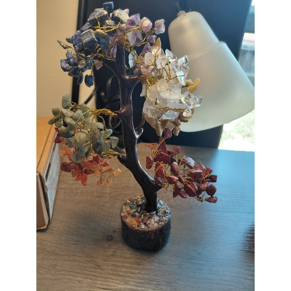 Multicolor Gemstone Wire Tree Sculpture Wood Base Handmade Decorative Figurine - Picture 4 of 4